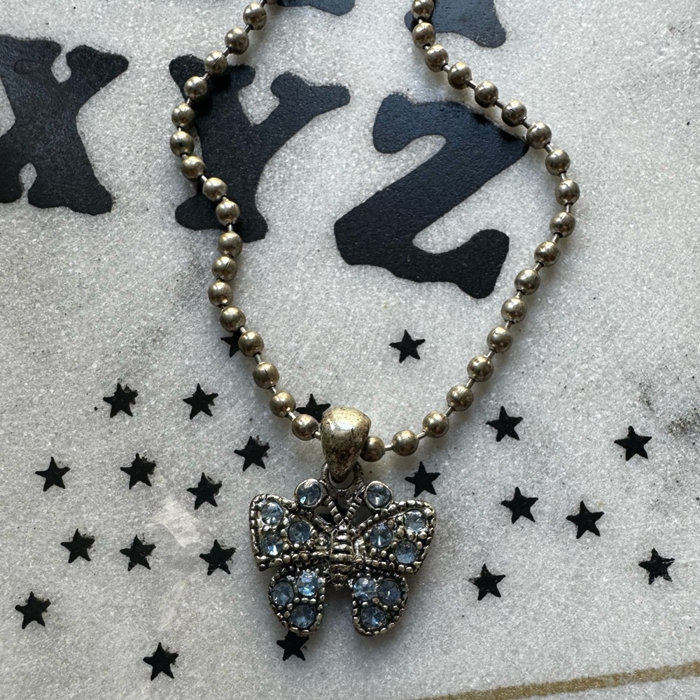 Vintage Silver Tone Blue Rhinestone Butterfly Beaded Choker Necklace